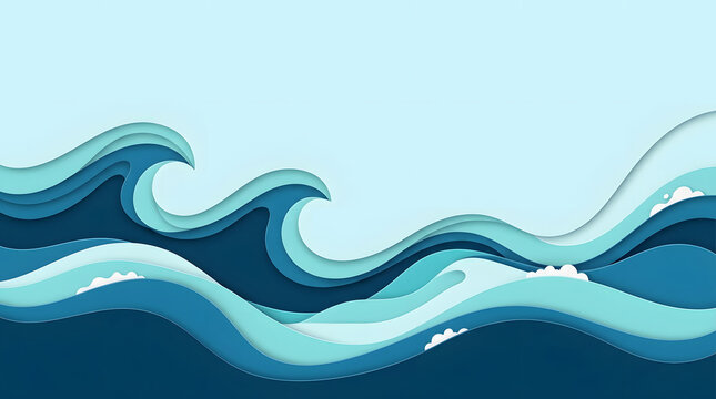 Abstract paper cut ocean waves background with layered blue water shapes