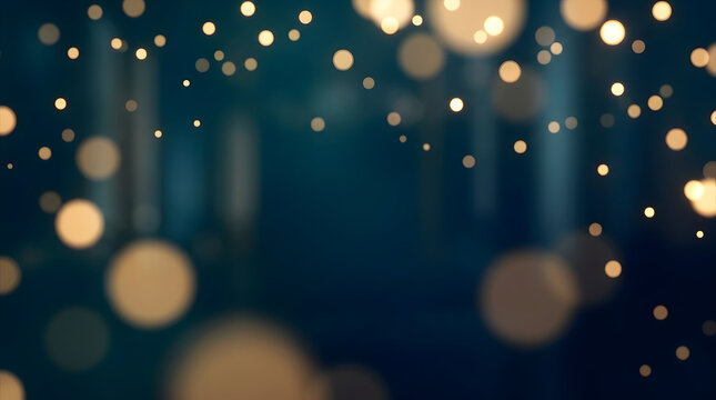 Abstract dark blue background with glowing golden bokeh lights