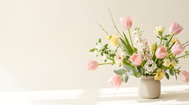 Beautiful spring flower bouquet with pink tulips and white blossoms in a ceramic vase