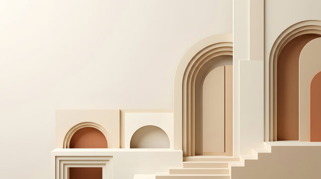 Abstract 3d architectural background with arches, stairs, and geometric shapes in neutral beige tones