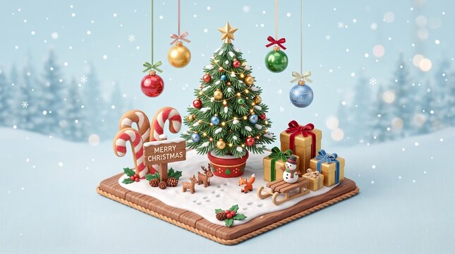 a cute 3D miniature diorama of a decorated christmas tree gifts candy canes and ornaments