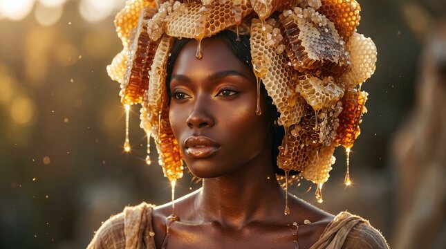 Black woman wearing honeycomb headpiece