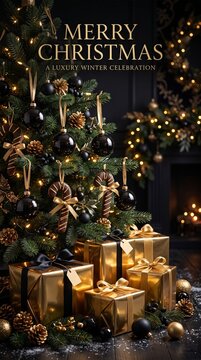 a luxury dark and gold decorated christmas tree with shiny golden gifts and greeting text