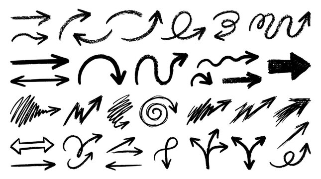 a flat vector illustration of a large set of black hand drawn sketch style arrows