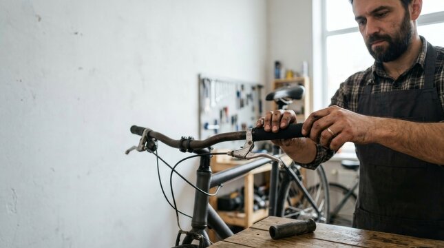 Repair and Reuse Supporting a Sustainable Recycling Economy, Man repairing a bicycle handlebar in a workshop with tools in the background