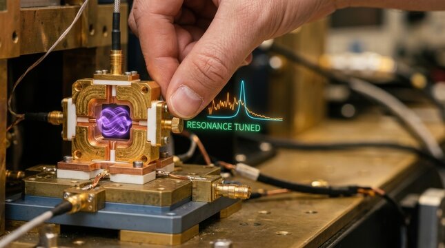 Hand adjusting a miniature microwave resonator made from gold-plated copper for quantum device control visualizations
