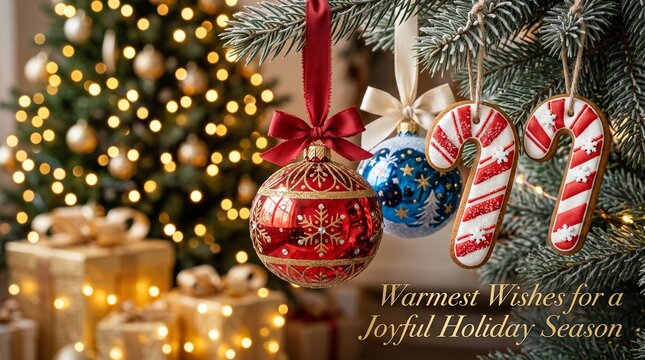 a close up of christmas tree ornaments candy canes and glowing lights with greeting text