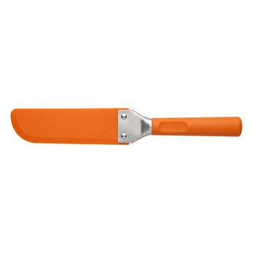 Isolated orange machete with silver metal handle and protective blade