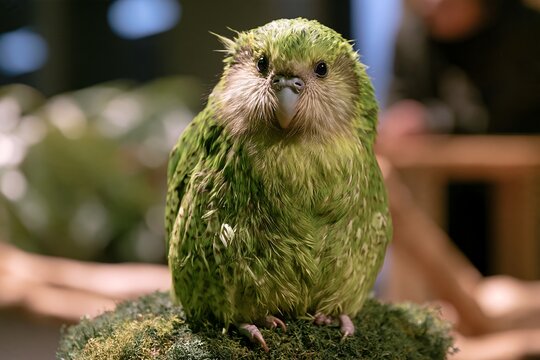 緑色の珍しい鳥がじっと目線で見つめる可愛らしいカカポ