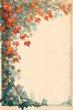 Vintage Art Nouveau Frame Background with Red Autumn Maple Leaves and Vines