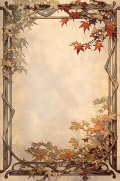 Vintage Art Nouveau Frame Background with Red Autumn Maple Leaves and Vines