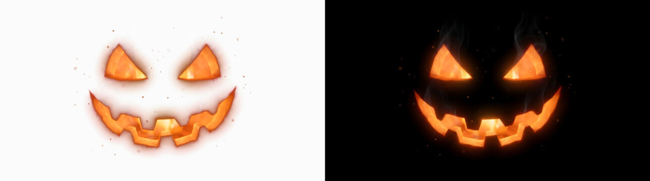 Halloween glowing pumpkin face with triangle eyes and jagged grin for overlays in PNG, Transparent and Black Background Versions