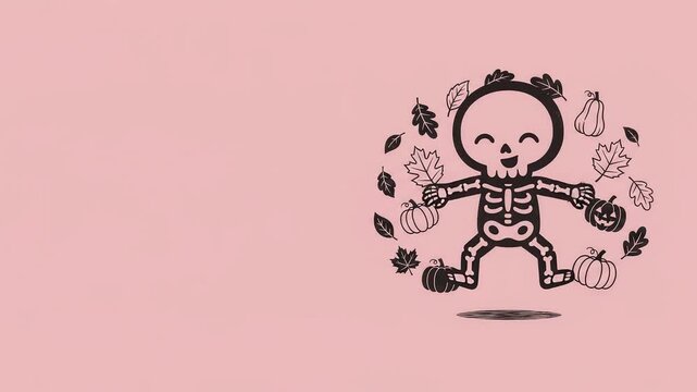 Kawaii skeleton animation sliding on pink background with copy space