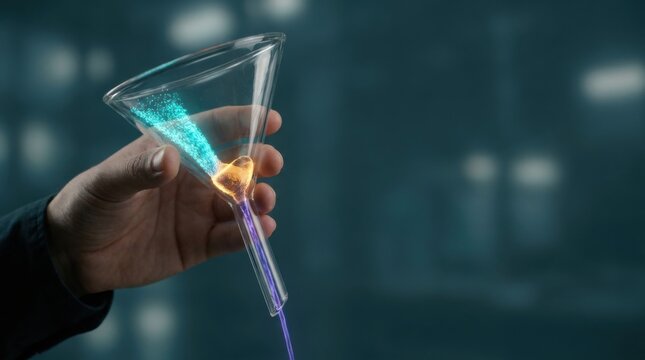 Supply chain bottleneck concept featuring realistic borosilicate glass funnel with narrow outlet for flow control