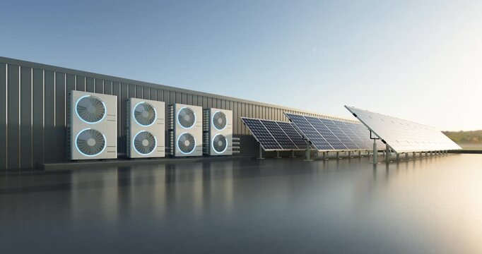 3D render video showing outdoor HVAC condenser units beside solar panel arrays on flat building surface under clear sky. Clean modern energy scene with reflective floor and subtle blue light effects.