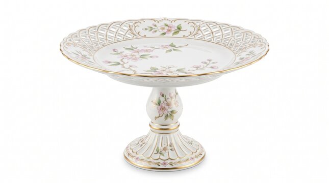Vintage porcelain cake stand with reticulated lace rim, ornate ceramic fruit pedestal plate, delicate floral tableware for afternoon tea presentation isolated PNG with Transparent Background