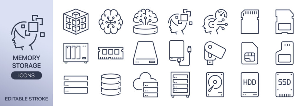 memory storage icon set. It includes hard disk, usb, server, data center, and more icons. Editable Vector Stroke.