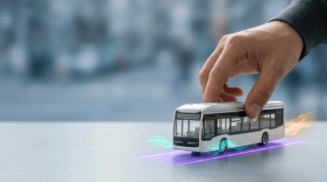 Person's hand gently positioning a realistic miniature electric city bus for sustainable public transport visualization