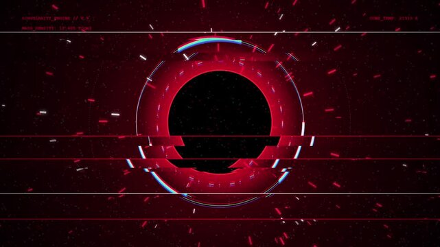 Abstract digital glitch background with dark glowing circles and particles.