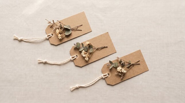 Blank kraft gift tags with cotton string and dried botanical accents