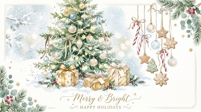 a beautiful watercolor illustration of a decorated christmas tree gifts hanging ornaments and greeting text