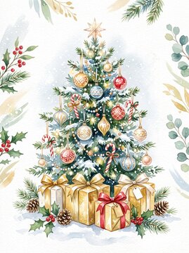 a beautiful watercolor illustration of a decorated christmas tree with golden gifts and winter foliage