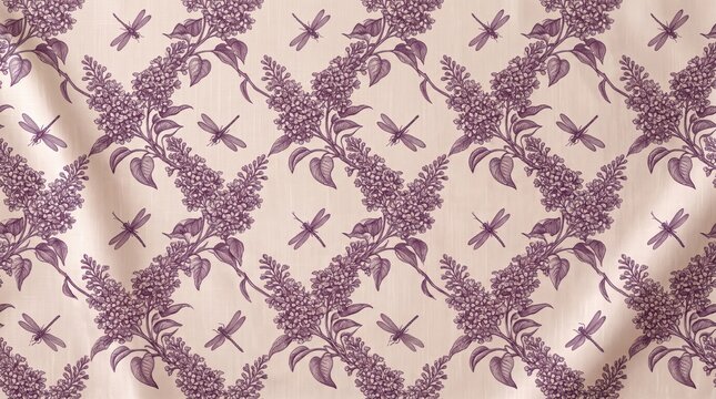 Repeating pattern of purple lilac flower clusters and flying dragonflies on cream fabric