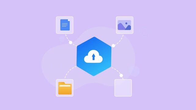 Flat vector animation showing a cloud upload hub connected to document, image, folder, and database icons for cloud storage and digital file management.