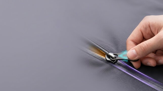 Accessible design visualized through a realistic oversized easy-pull zipper tab integrated into matte charcoal fabric