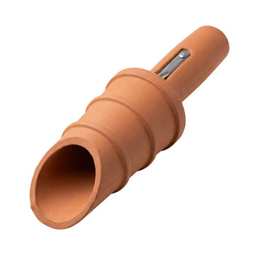 Terracotta duck call with metal striker, isolated on white