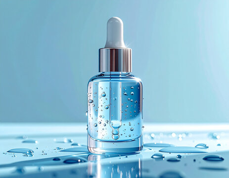 Dropper serum bottle with water droplet on pale blue background