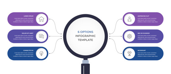 Naklejka na ściany i meble Six options infographic template with a central circle and curved connectors branching to six panels. Branching 6 options diagram or chart. Vector template