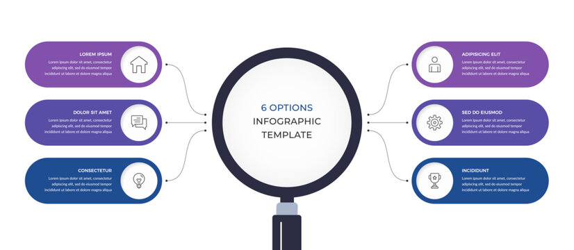 Six options infographic template with a central circle and curved connectors branching to six panels. Branching 6 options diagram or chart. Vector template