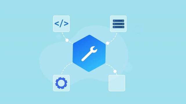 Flat vector animation showing a central wrench connected to code, server, settings, and analytics icons for software development and system management.