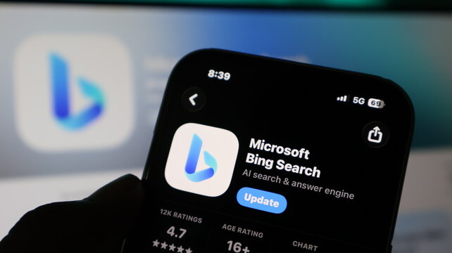 Smart phone showing Microsoft Bing search application screen with update option.