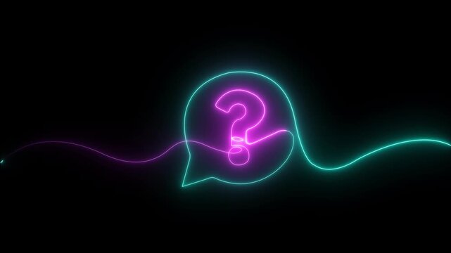 Glowing Neon Question Mark Speech Bubble Icon Animation FAQ sign Chat speech bubble and chart on black Background