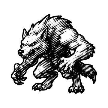 Creepy Werewolf Creature Vintage Engraving Vector Art Clipart