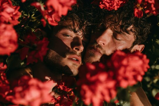 Young men embracing in a garden, symbolizing love and connection