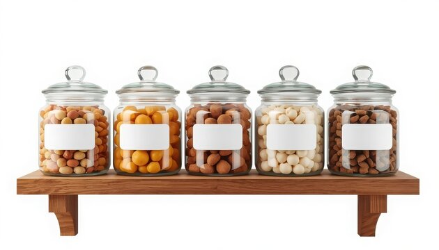 Glass storage jars filled with various nuts and snacks arranged on wooden shelf food storage kitchen organization pantry shelves glass containers dry food white background organization