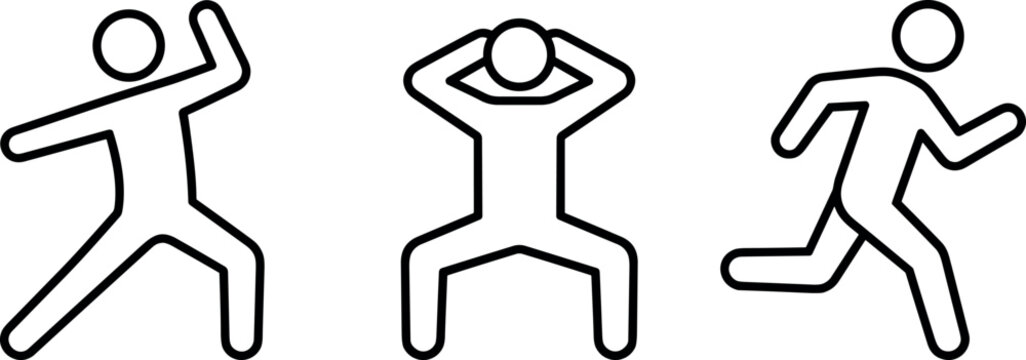 Fitness exercise workout outline icon set showing stick figure lunging squatting and running vector illustration