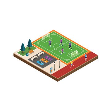Isometric Outdoor Sports Park with Football Field and Running Track and Workout Space