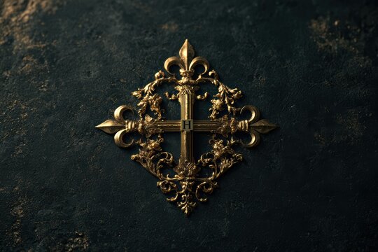 Ornate golden cross with fleur-de-lis details and an initial h on a dark textured background