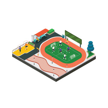 Modern Public Recreation Park with Soccer Field and Running Track Isometric Illustration