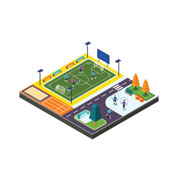 Modern Isometric Sports Park with Football Field, Jogging Track and Family Recreation Area