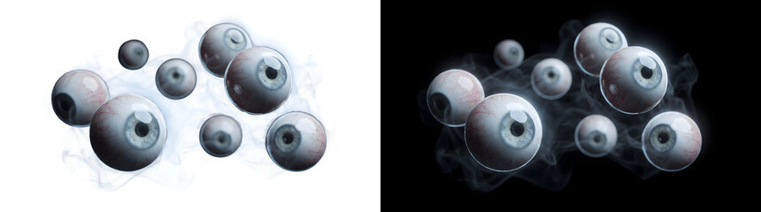 Fototapeta premium Eyeballs floating in eerie smoke for Halloween horror designs, offered as PNG, Transparent and Black Background Versions