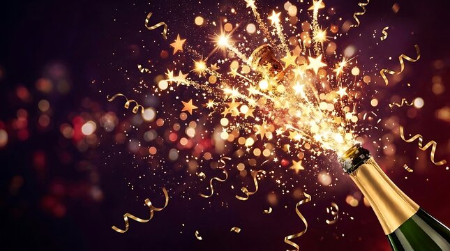 Champagne bottle popping with golden star confetti and ribbons for a festive holiday celebration background