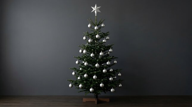 Decorated Christmas tree with silver ornaments and a star topper against a plain dark grey wall background