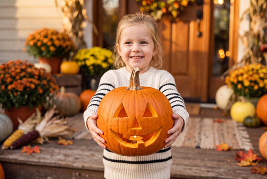 Smiling Child Holding Jack O Lantern on Cozy Autumn Porch
