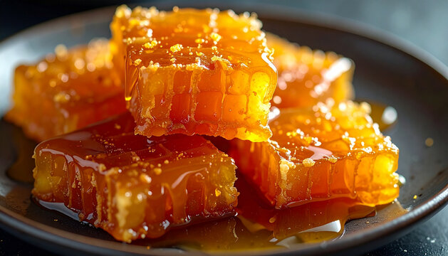 Honey chak chak dessert pile with glossy syrup in dark moody style