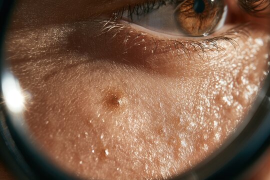 Dermatologist examining a patient's skin for abnormalities with a magnifying glass
